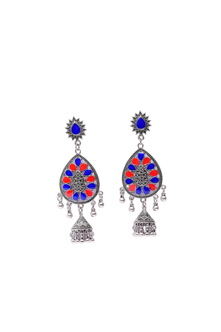 Namokriti Stunning Silver -Plated Jhumka Earrings: Blue and Red Floral Enamel with a Unique Sun-Shaped Stud